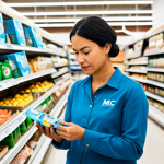 A diverse adult consumer, fully clothed in modest, appropriate casual attire, stands in a brightly lit, clean supermarket aisle. They are thoughtfully examining a package of sustainable seafood, which clearly displays the distinctive blue MSC (Marine Stewardship Council) certification logo. The background features neatly stocked shelves of various food products, indicating a modern and well-maintained retail environment. The scene is calm, emphasizing conscious consumer choice. safe for work, appropriate content, fully clothed, modest, perfect anatomy, correct proportions, natural pose, well-formed hands, proper finger count, natural body proportions, high quality professional photography.