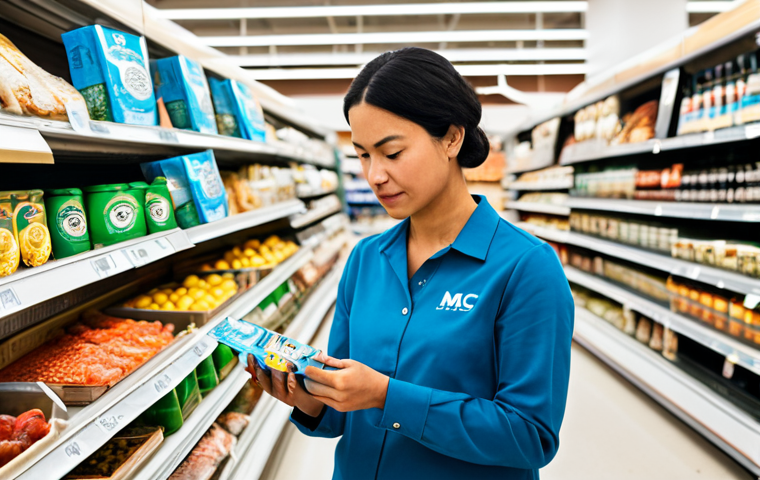 A diverse adult consumer, fully clothed in modest, appropriate casual attire, stands in a brightly lit, clean supermarket aisle. They are thoughtfully examining a package of sustainable seafood, which clearly displays the distinctive blue MSC (Marine Stewardship Council) certification logo. The background features neatly stocked shelves of various food products, indicating a modern and well-maintained retail environment. The scene is calm, emphasizing conscious consumer choice. safe for work, appropriate content, fully clothed, modest, perfect anatomy, correct proportions, natural pose, well-formed hands, proper finger count, natural body proportions, high quality professional photography.